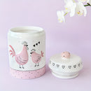Tarro de Almacenamiento Elegante de Cerámica Rosa y Blanca con Diseño de Pollo en Relieve Bañado en Oro, Tapa con Perilla - Ideal para Galletas, Té y Objetos Pequeños | Solo Lavado a Mano