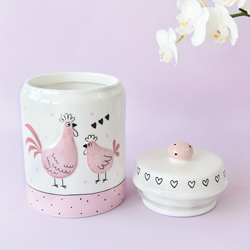 Tarro de Almacenamiento Elegante de Cerámica Rosa y Blanca con Diseño de Pollo en Relieve Bañado en Oro, Tapa con Perilla - Ideal para Galletas, Té y Objetos Pequeños | Solo Lavado a Mano
