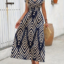 Vestido Maxi con Estampado Geométrico y Escote en V para Mujer 2025 - Vestido Largo A-Line Fluido con Patrón de Zigzag Azul Marino, Lavable a Máquina, Casual para Primavera Verano, Vestidos de Boda Playa para Novias, Tela Duradera