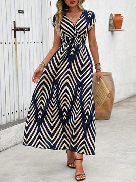 Vestido Maxi con Estampado Geométrico y Escote en V para Mujer 2025 - Vestido Largo A-Line Fluido con Patrón de Zigzag Azul Marino, Lavable a Máquina, Casual para Primavera Verano, Vestidos de Boda Playa para Novias, Tela Duradera