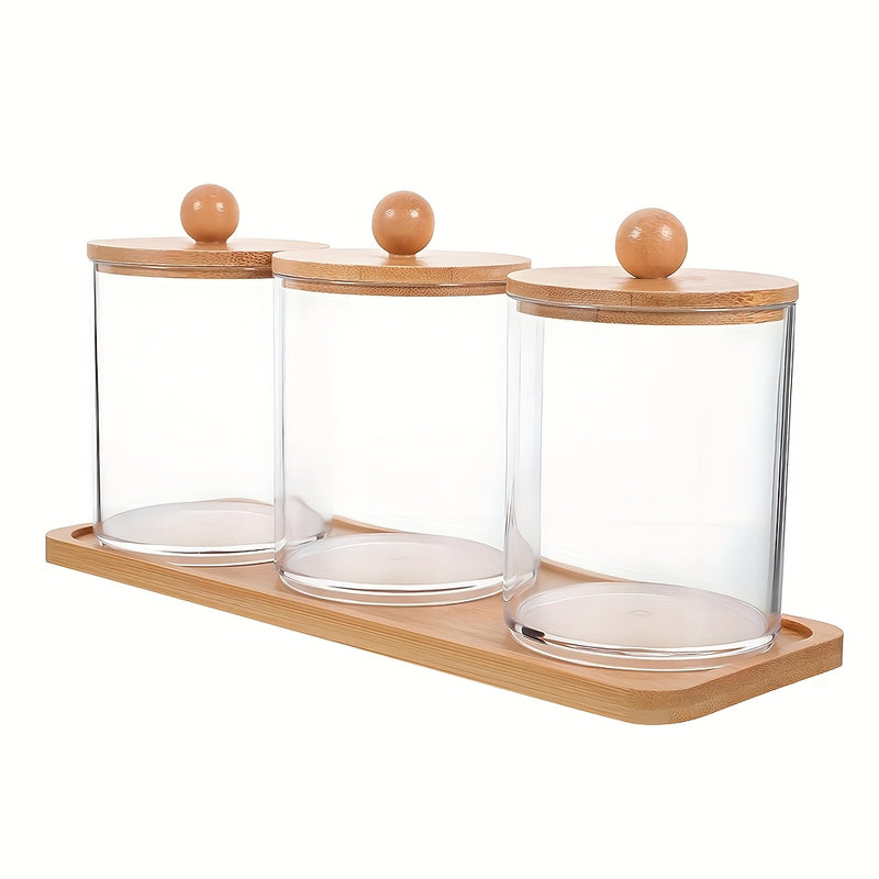 1 juego de frascos transparentes con tapas y bandejas de bambú, ideales para organizar y decorar baños. Farmacéuticos pueden usarlos para guardar hisopos, bolas, esterillas e hilo dental