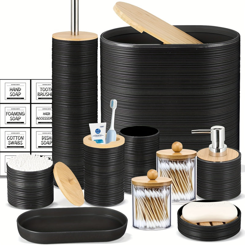 Juego de accesorios para baño de bambú, 8 piezas, con dispensador de jabón, portacepillos, vaso para cepillo de dientes, jabonera y frasco para hisopos, ideal para baño, sala, cocina o como regalo de casa nueva para familia y amigos