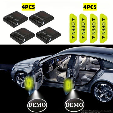 Conjunto de 4 Luces de Bienvenida para Puertas de Coche con Proyección de Logotipo al Estilo OEM, Proyector de Logotipos Universal Inspirado en el Equipo Original y 4 Pegatinas Reflectantes para Coches, Instalación Fácil - Compatibilidad Universal con la
