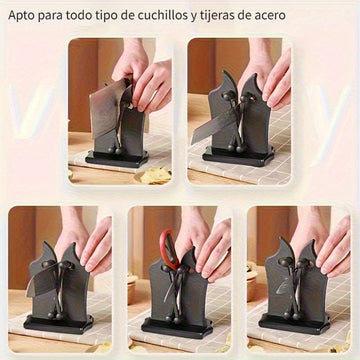 Afilarcuchillos Profesional de 1 Pieza con Ajuste Automático y 3 Acciones en Carburo de Tungsteno - Afilado Sin Esfuerzo para Cuchillos y Tijeras, Base Duradera de ABS, Diseño Negro para Uso en Cocina, Accesorios Gastronómicos | Herramienta de Cocina Mod
