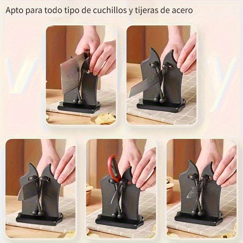 Afilarcuchillos Profesional de 1 Pieza con Ajuste Automático y 3 Acciones en Carburo de Tungsteno - Afilado Sin Esfuerzo para Cuchillos y Tijeras, Base Duradera de ABS, Diseño Negro para Uso en Cocina, Accesorios Gastronómicos | Herramienta de Cocina Mod