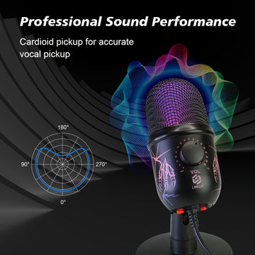 Micrófono condensador USB LMBGM con iluminación RGB, control de volumen, reducción de ruido, conector USB-C, patrón polar unidireccional, para juegos, canto, transmisiones, videoconferencias y podcasting