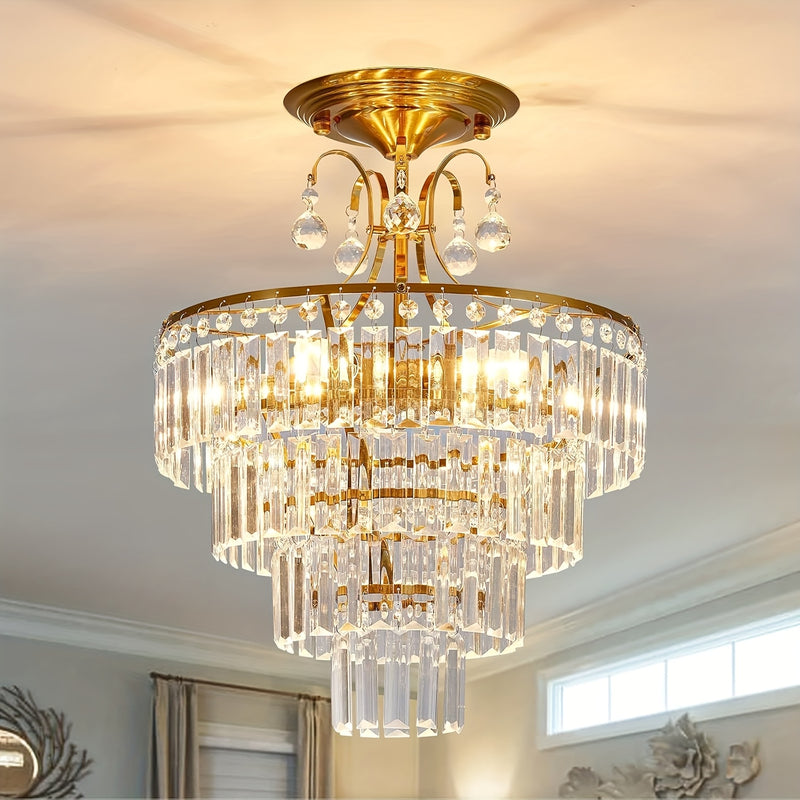Luminaria de techo de cristal dorado elegante con luz de techo E14 - Montaje semi-empotrado moderno para dormitorio, salón, cocina, pasillo, comedor, dirección de luz arriba y abajo, cableado duro 110-240V, sin accesorios incluidos, Diseño de araña moder