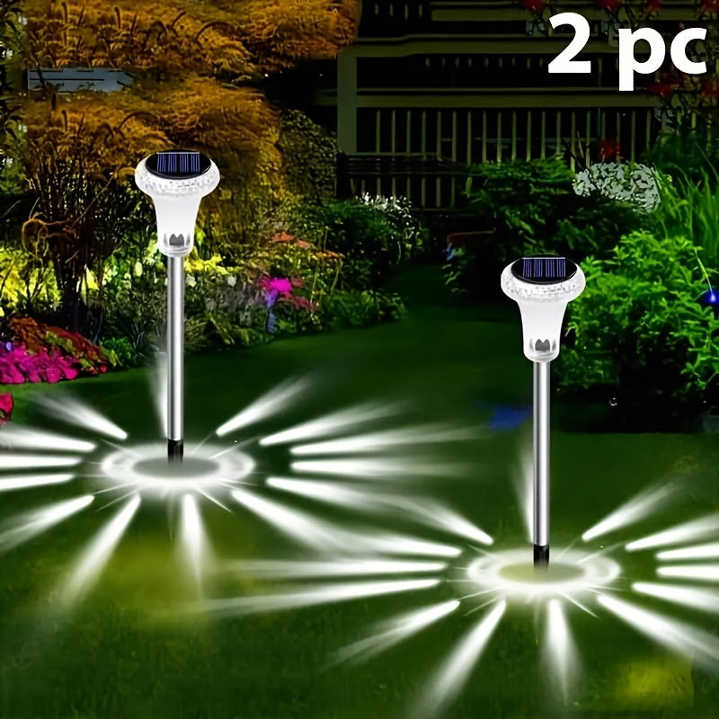 2 luces solares LED para jardín, lámpara de palo de acero inoxidable para exteriores, iluminación decorativa impermeable para patio, césped, sendero, terraza, garaje, fiesta de vacaciones, decoración de sendero de jardín, carga solar, montaje semienterra