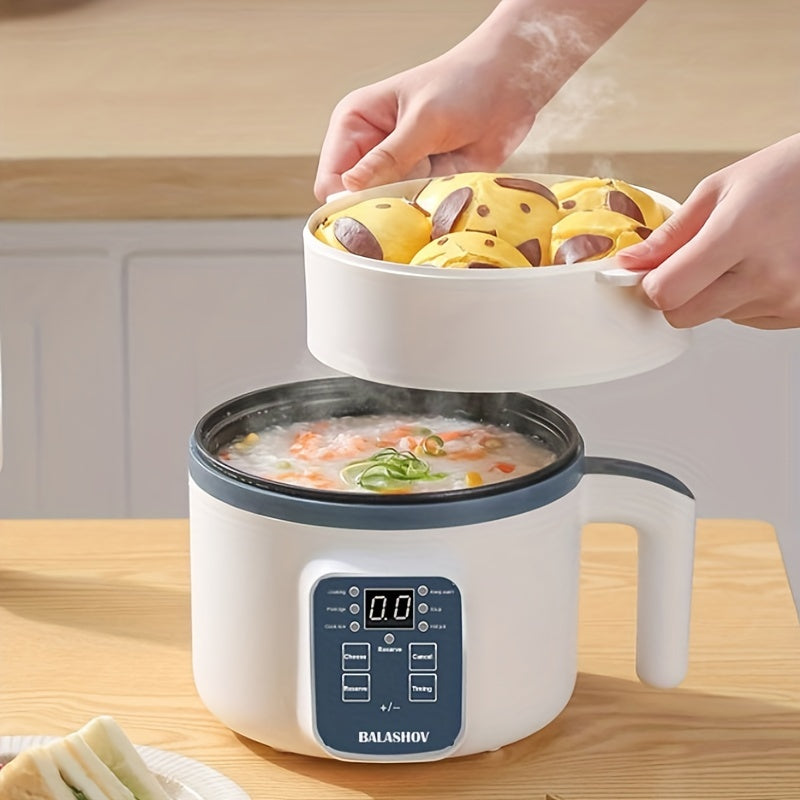 BALASHOV Cocina Eléctrica Inteligente de 1.7L para Olla Caliente y Ramen - Antiadherente, 6 Modos con Protección contra Sobrecalentamiento y Secado, Vaporera de Doble Capa para Arroz, Sopa, Pasta y Más - Perfecta para 2-3 Personas, Diseño Blanco y Negro