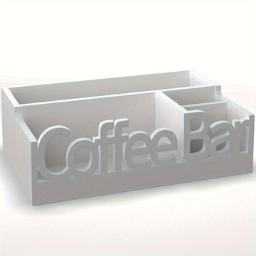 Organizador rústico de madera para barra de café, estación rectangular vintage para mostrador para accesorios, soporte para cápsulas y jarabe con tapa abatible no impermeable, decoración multiusos para barra de café estilo granja.