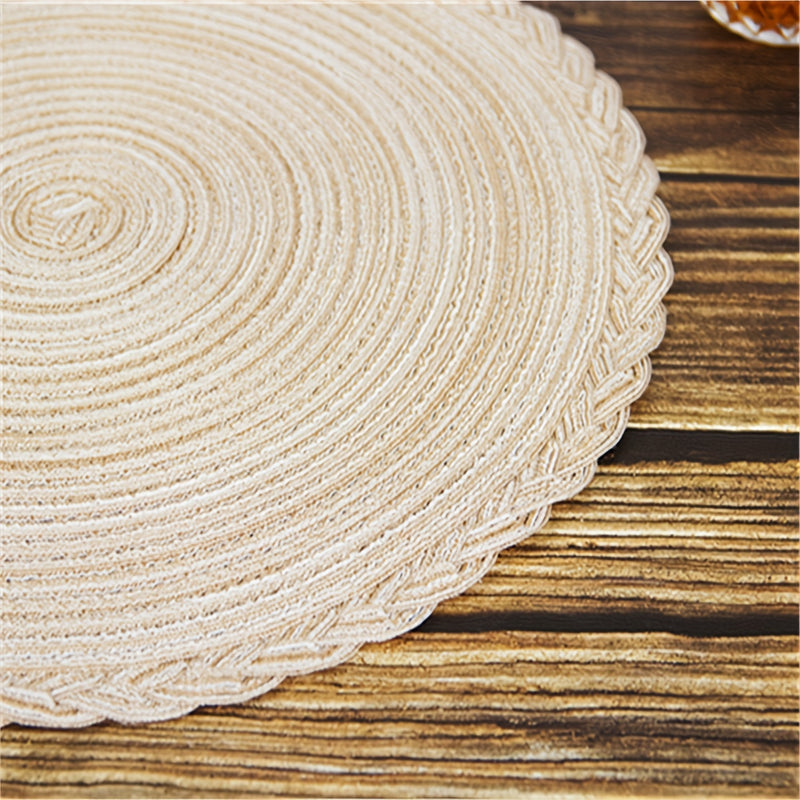 4 individuales redondos trenzados de poliéster - Solo lavado a mano, rayas beige y café, individuales resistentes para comedor, cocina o mesa de centro, individuales para mesa de cocina | Textura trenzada | Poliéster