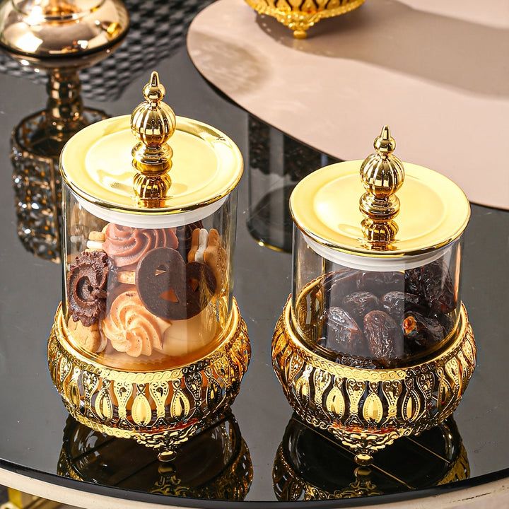 1pc Tarro de vidrio sellado hecho a mano con marco de acero inoxidable dorado, recipiente de almacenamiento de cocina para suministros de té, azúcar, caramelos, galletas, pan, ideal para bodas, regalo, cumpleaños, Navidad