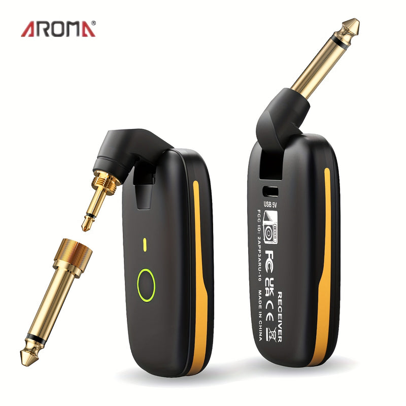 [Sistema Inalámbrico UHF para Guitarra] Sistema de Guitarra Inalámbrica UHF AROMA - Transmisor y Receptor a Pilas para Guitarras Eléctricas y de Bajo - Negro