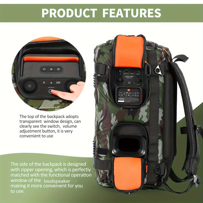 Mochila para Altavoz Inalámbrico JBL PartyBox 120 Camuflaje - Resistente, Transpirable con Correas Ajustables y Ventana Transparente para Acceso Fácil