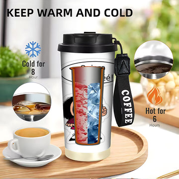 1 ud. Vaso de Acero Inoxidable de 18 oz con Diseño de Dibujos Animados de Mafalda y Texto "¿QUÉ COFFEEEEE!" - Termo Reutilizable Antifugas, Solo Lavado a Mano, Idea de Regalo para Amantes del Café, Accesorios para Cafetería