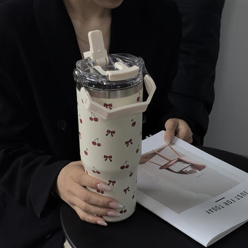 1 pieza de vaso aislado de acero inoxidable de la serie tulipán, 900 ml/33,44 oz, botella de agua reutilizable de gran capacidad con asa y pajilla, doble boca para beber, fondo plano, solo lavado a mano.