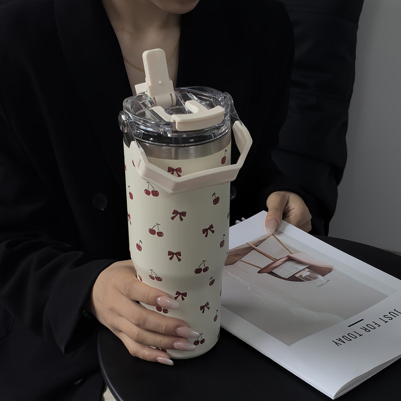 1 pieza de vaso aislado de acero inoxidable de la serie tulipán, 900 ml/33,44 oz, botella de agua reutilizable de gran capacidad con asa y pajilla, doble boca para beber, fondo plano, solo lavado a mano.