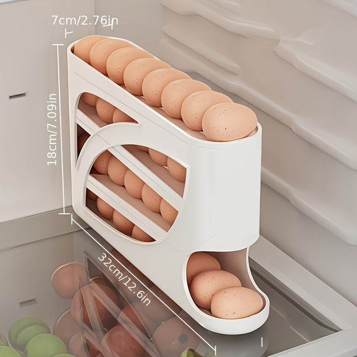 Soporte de huevos giratorio de 4 niveles - Diseño de puerta lateral que ahorra espacio, puede contener 30 huevos, acabado brillante y liso, asa conveniente, adecuado para almacenamiento en cocina y refrigerador | Accesorio de cocina moderno | Material pl