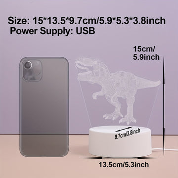 Luz Nocturna de Dinosaurio en 3D con Alimentación por USB - Lámpara Creativa de T-Rex con Efecto Luminoso, Decoración Moderna para Dormitorio y Mesa, Regalo Perfecto para Jóvenes y Adultos, Base Blanca, Material Plástico, Iluminación Ambiental con Alimen