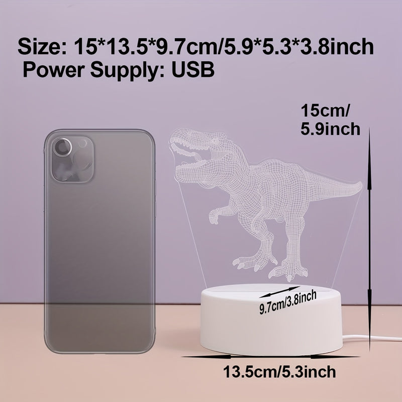Luz Nocturna de Dinosaurio en 3D con Alimentación por USB - Lámpara Creativa de T-Rex con Efecto Luminoso, Decoración Moderna para Dormitorio y Mesa, Regalo Perfecto para Jóvenes y Adultos, Base Blanca, Material Plástico, Iluminación Ambiental con Alimen