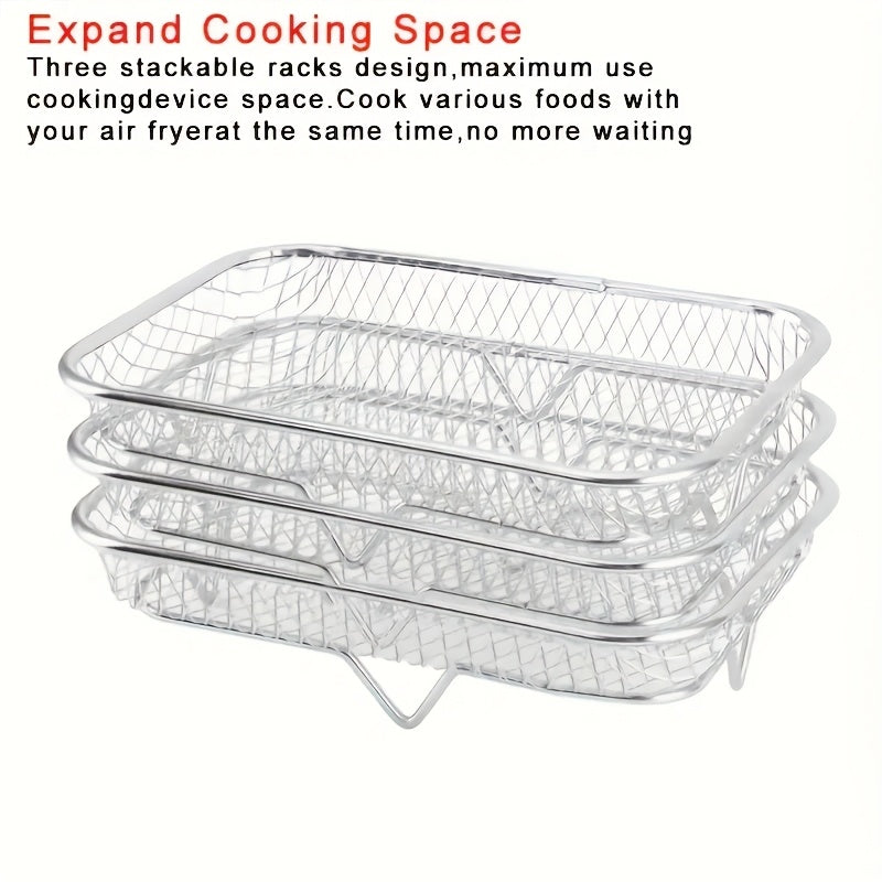 Parilla Cuadrada de Acero Inoxidable de 3 Niveles, Accesorio Multifuncional para Freidora de Aire, Apilable, Ideal para Hornear en Fiestas o Cocinar Delicias Caseras