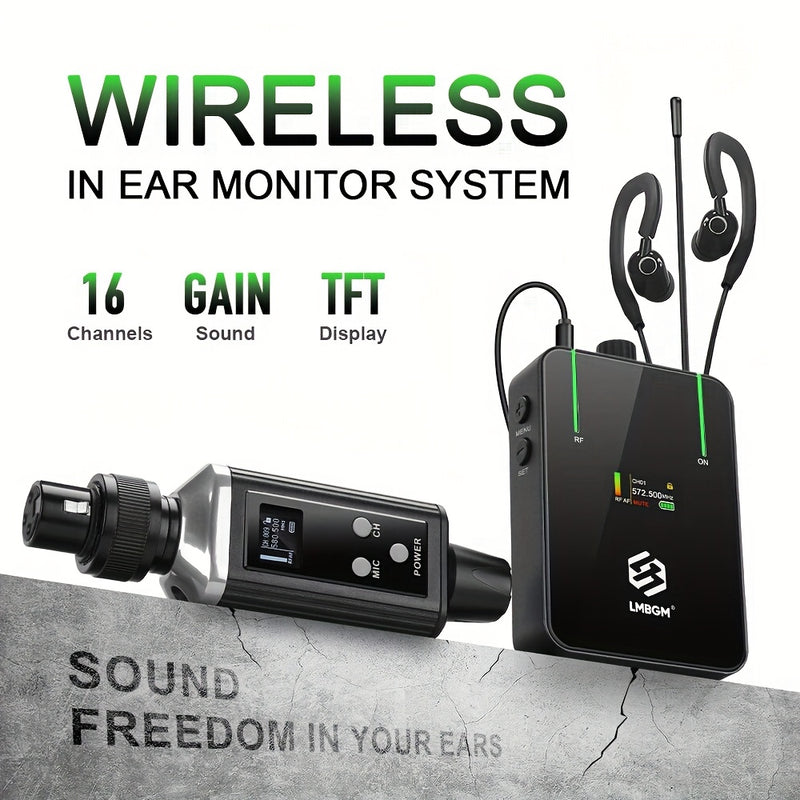 LMBGM UHF Profesionales Auriculares Inalámbricos, Carga USB, Fácil de Monitorear, Pantalla de Color TFT, 16 Frecuencias Seleccionables, Función de Ganancia de Audio, Adecuados para Conciertos, Estudios de Grabación, Representaciones de Escena, Actividade