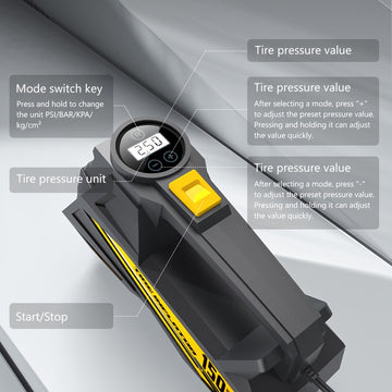 Inflador de neumáticos digital CaRSun, compresor de aire portátil con luz LED para coches, motocicletas, bicicletas - DC 12V, 150 PSI, diseño negro y amarillo, alimentación por enchufe, no requiere batería, inflador de neumáticos para bicicletas | Diseño