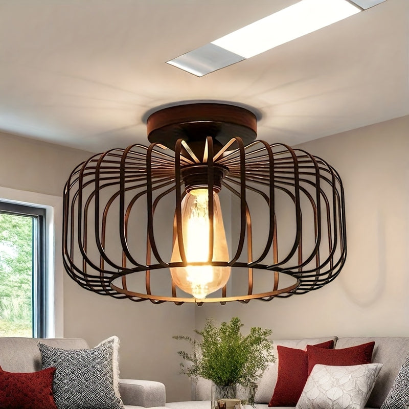 1 pieza de luz de techo semi-retratada negra para granja, instalación de techo de luz de pasillo de jaula de metal, luz de techo industrial ajustada para cocina, comedor, porche, dormitorio (excluyendo bombilla)