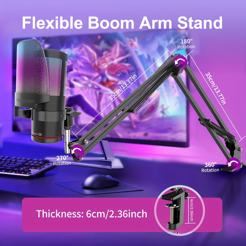 Paquete de Micrófono para Juegos HAOMUREN RGB con Brazo y Soporte de Escritorio, Micrófono USB-C Plug & Play para PC/PS5/PS4/Teléfono, Cancelación de Ruido de 192kHz, 10 Modos de Iluminación, Puerto de Monitor de 3.5mm, Control de Volumen, Micrófono para
