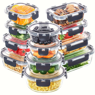 12 piezas de contenedores de almacenamiento de alimentos de vidrio con tapas - A prueba de fugas, microondas, horno y lavavajillas, cajas de almuerzo rectangulares reutilizables para preparación de comidas y organización del refrigerador.