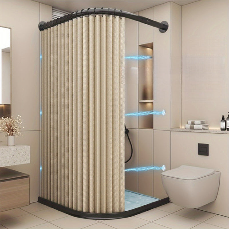 Cortina de baño plegable de alta calidad sin perforación, con ganchos metálicos, tela beige texturizada, diseño moderno para separación de áreas secas y húmedas, privacidad, fácil almacenamiento, divisor de zona húmeda, complemento de decoración contempo