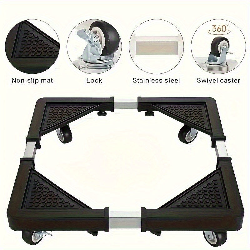 Carro de electrodomésticos de acero inoxidable con 4 ruedas bloqueables - base ajustable, diseño antihumedad y antiimpacto, perfil alto, compatible con refrigerador/lavadora