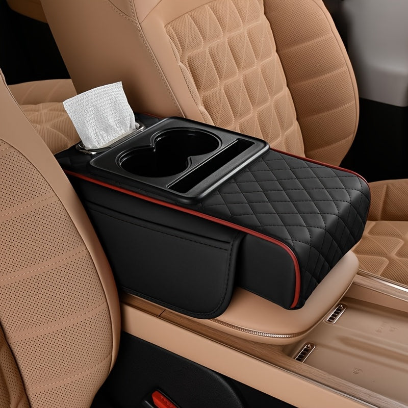 1 cojín universal para apoyabrazos de auto en piel PU, con porta vasos, compartimento multifuncional y ranura para caja de pañuelos