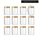 Un conjunto de doce frascos redondos transparentes con tapas de bambú, fabricados con vidrio de borosilicato de alta calidad, adecuados para almacenar granos, frijoles de café y hojas de té, con capacidades de 210 ml, 280 ml y 340 ml.