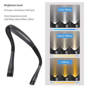 Lámpara de cuello LED manos libres, luz para leer, luz para libros, 3 colores, 6 niveles de brillo, brazos flexibles, recargable, larga duración, ideal para leer, tejer, acampar, reparaciones y actividades al aire libre