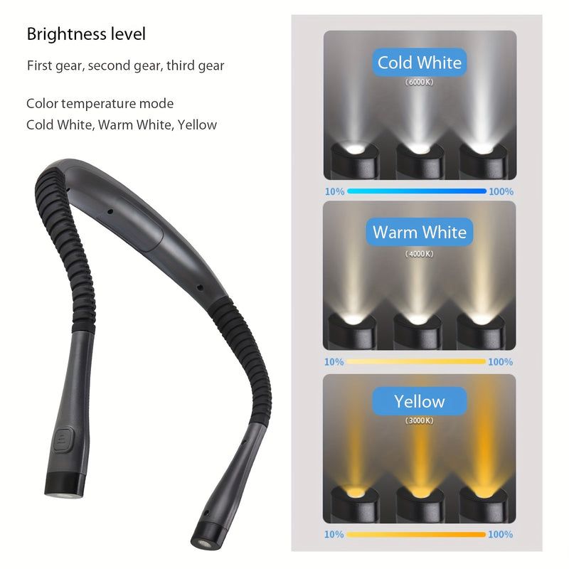 Lámpara de cuello LED manos libres, luz para leer, luz para libros, 3 colores, 6 niveles de brillo, brazos flexibles, recargable, larga duración, ideal para leer, tejer, acampar, reparaciones y actividades al aire libre