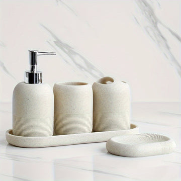 Juego de baño de 5 piezas: dispensador de jabón, taza para enjuague bucal, soporte para cepillos de dientes, jabonera, bandeja con patrón de arenisca amarilla