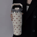1 pieza de vaso aislado de acero inoxidable de la serie tulipán, 900 ml/33,44 oz, botella de agua reutilizable de gran capacidad con asa y pajilla, doble boca para beber, fondo plano, solo lavado a mano.