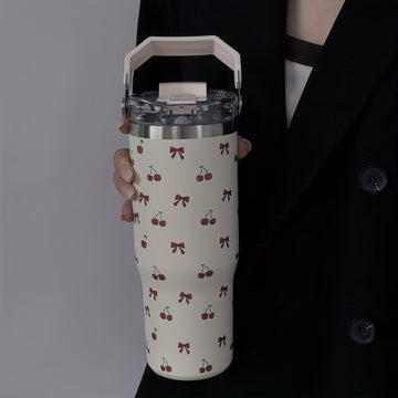 1 pieza de vaso aislado de acero inoxidable de la serie tulipán, 900 ml/33,44 oz, botella de agua reutilizable de gran capacidad con asa y pajilla, doble boca para beber, fondo plano, solo lavado a mano.