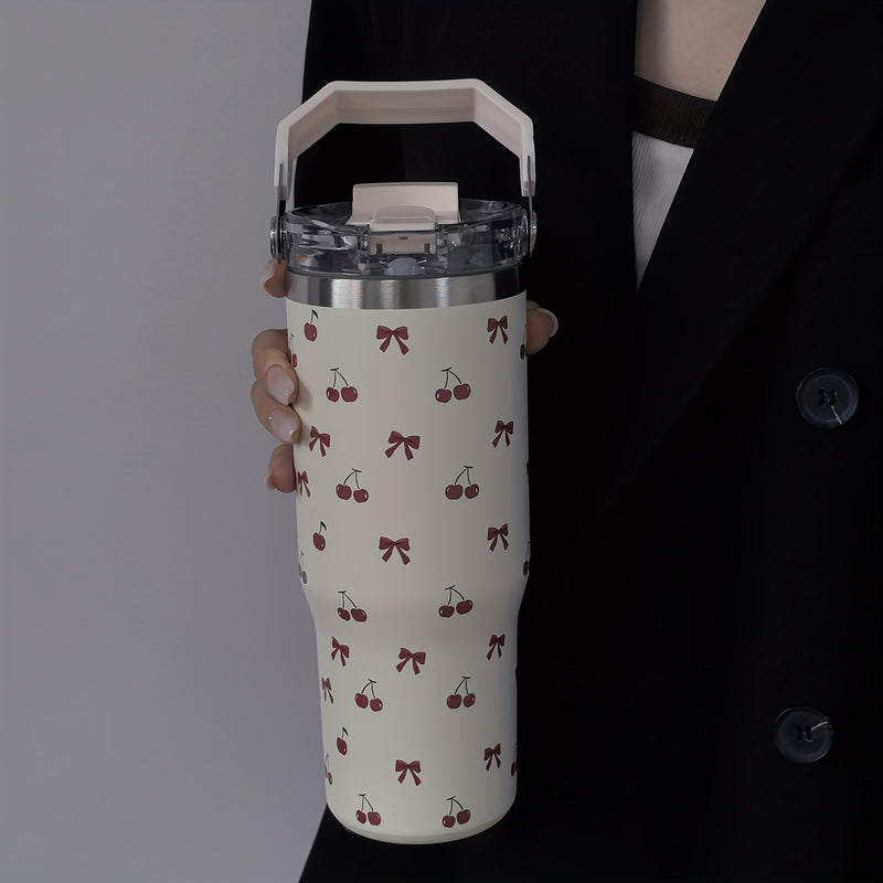 1 pieza de vaso aislado de acero inoxidable de la serie tulipán, 900 ml/33,44 oz, botella de agua reutilizable de gran capacidad con asa y pajilla, doble boca para beber, fondo plano, solo lavado a mano.