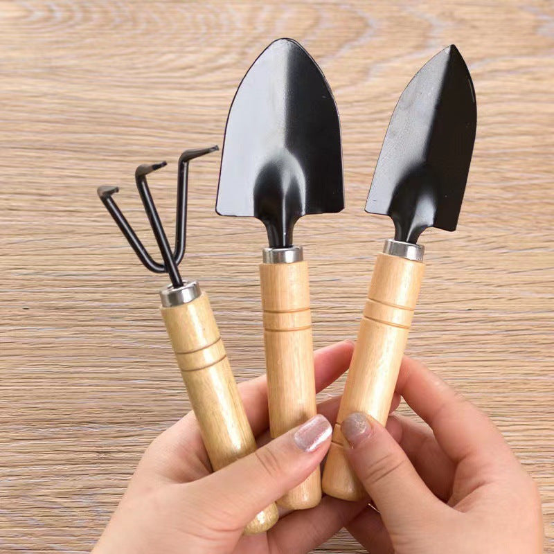 Juego de herramientas de jardín mini de tres piezas - Herramientas de jardinería de acero con asas de madera ergonómicas | Adecuado para uso en interiores, disponible en dos modelos