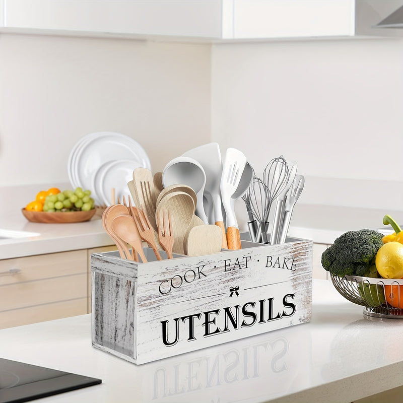 Porta utensilios de cocina de madera extra grande - Organizador de 4 compartimentos de decoración de granja rústica para encimera, cesta de madera barnizada ligera con diseño de montaje de tensión