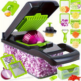 Kit de cuchillos de verduras multifuncionales 16 en 1 - Procesador de alimentos manual con recipiente, cesta de drenaje y protección manual - Perfecto para papas, cebollas, zanahorias, ajo - No requiere electricidad, verde y negro, cuchillo de verduras y