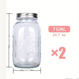250/500/730ml/1000ml 2 Piezas Tarros de Vidrio con Tapas Redondas Reutilizables, Recipientes Portátiles Transparentes para Enlatar, Fermentar, Conservar Frutas, Avena Nocturna, Mermelada y Snacks, Accesorios y Contenedores de Cocina