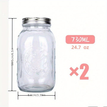 250/500/730ml/1000ml 2 Piezas Tarros de Vidrio con Tapas Redondas Reutilizables, Recipientes Portátiles Transparentes para Enlatar, Fermentar, Conservar Frutas, Avena Nocturna, Mermelada y Snacks, Accesorios y Contenedores de Cocina