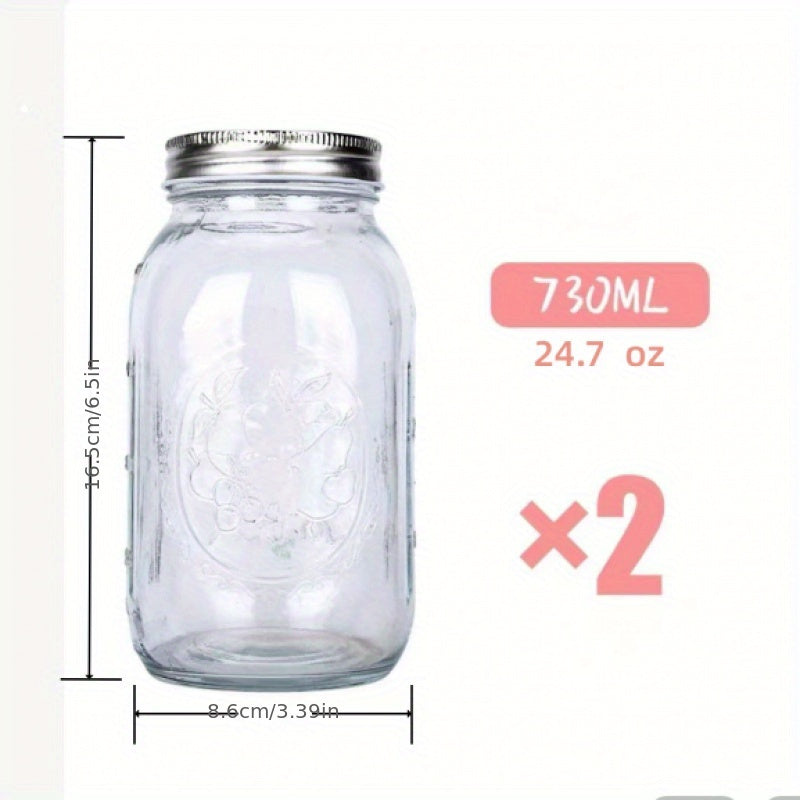 250/500/730ml/1000ml 2 Piezas Tarros de Vidrio con Tapas Redondas Reutilizables, Recipientes Portátiles Transparentes para Enlatar, Fermentar, Conservar Frutas, Avena Nocturna, Mermelada y Snacks, Accesorios y Contenedores de Cocina