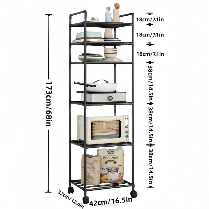 Carro de Cocina Metálico con Ruedas de 6 Niveles y Estantes Ajustables - Organizador Multifuncional para Cocina, Baño, Sala de Estar, Oficina - Fácil Montaje, Diseño Ahorrador de Espacio, Unidad de Almacenamiento Versátil | Estantería de Aspecto Industri