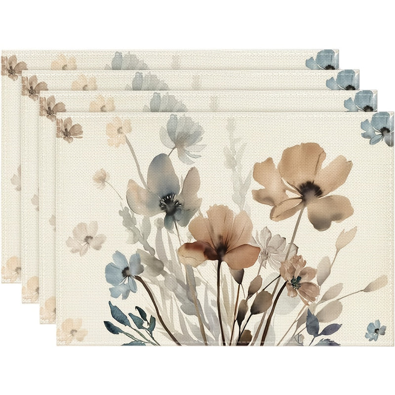 Juego de 4 Manteles Individuales con Flores y Hojas de Amapola Marrón Otoñales, 30.48x45.72 cm para Decoración de Mesa en Cocina o Fiesta Primaveral
