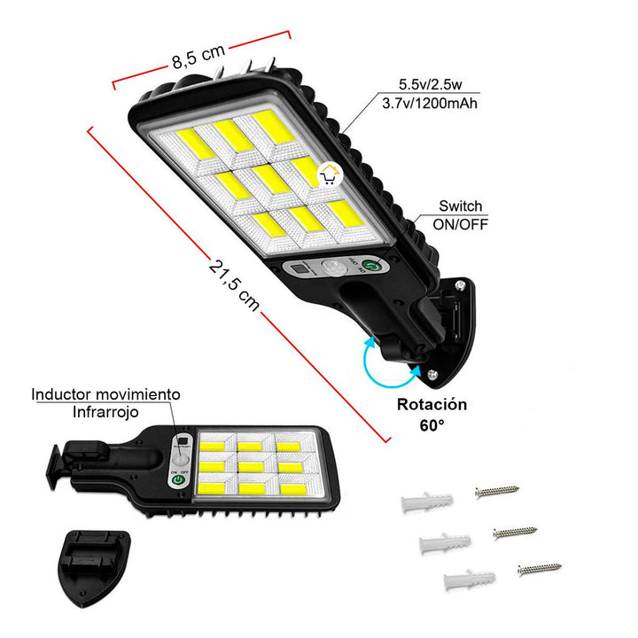 Lámpara Exterior Emergencia Reflector Solar Sensor Movimiento JX616E