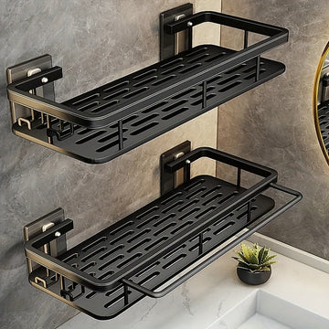 Juego de 2 piezas, Estante de Ducha de Metal Negro Montado en la Pared sin Taladro - Acabado Pulido Resistente al Óxido, Organizador de Baño para Almacenamiento de Champú y Acondicionador, Estante Colgante que Ahorra Espacio